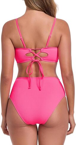Women's Bandeau Bikini Sets Removable Straps Lace Up Swimsuits High Waisted Two Piece Bathing Suits in Saudi Arabia