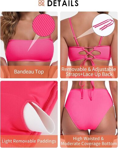 Women's Bandeau Bikini Sets Removable Straps Lace Up Swimsuits High Waisted Two Piece Bathing Suits in Saudi Arabia