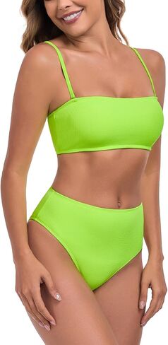 Women's Bandeau Bikini Sets Removable Straps Lace Up Swimsuits High Waisted Two Piece Bathing Suits in Saudi Arabia