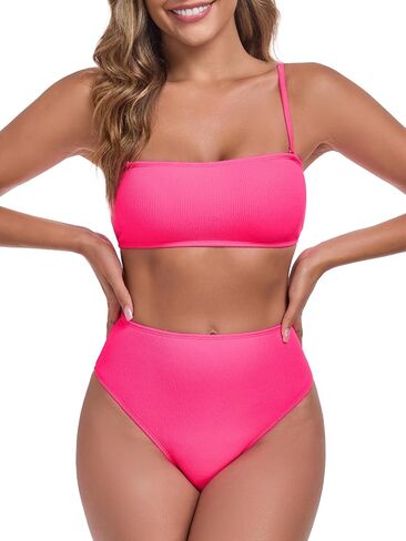 Women's Bandeau Bikini Sets Removable Straps Lace Up Swimsuits High Waisted Two Piece Bathing Suits in Saudi Arabia