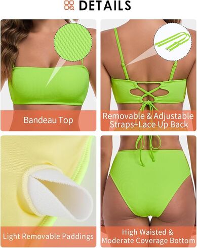 Women's Bandeau Bikini Sets Removable Straps Lace Up Swimsuits High Waisted Two Piece Bathing Suits in Saudi Arabia