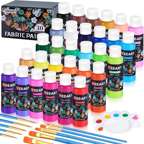 طلاء قماش، مجموعة طلاء قماش ناعمة دائمة من Yeeart 20 لونًا للملابس في زجاجات (60 مل/2 أونصة) مع 10 فرش، لوحة ألوان، لوازم فنية لطلاء النسيج غير سامة للملابس والقماش والقمصان والجينز والحقائب والحرف الفنية in Saudi Arabia