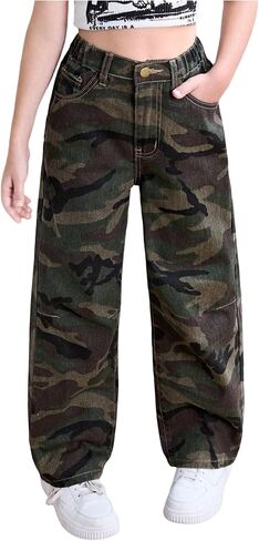 SweatyRocks Girl's Y2K Leopard Print Jeans مرنة عالية الخصر سروال جينز ساق مستقيمة مع جيوب in Kuwait