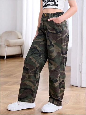 SweatyRocks Girl's Y2K Leopard Print Jeans مرنة عالية الخصر سروال جينز ساق مستقيمة مع جيوب in Kuwait