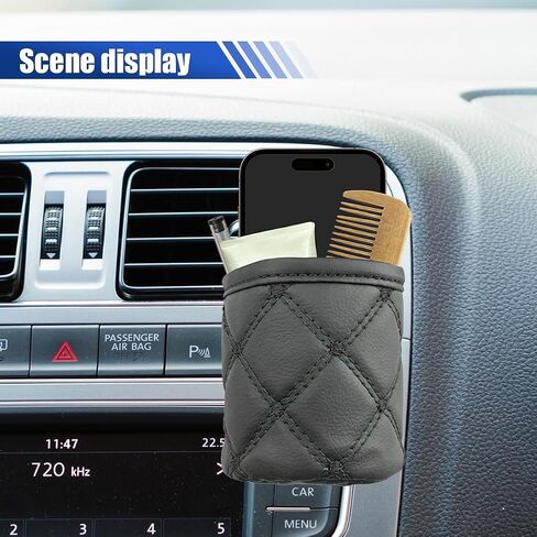 Car Air Vent Storage Bag, Leather Sunglass Phone Holder Car Air Vent Organizer Pouch Box with Hook, Universal Auto Mount Key Coin Card Case Organizer Pocket for Most Cars (Black) in Saudi Arabia