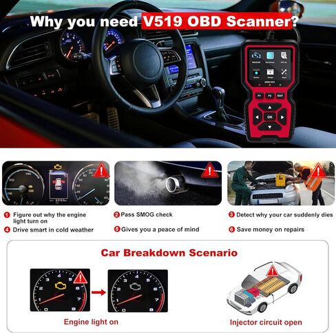V519 OBD2 Diagnostic Scanner Tool - Vechicle Check Engine Light Code Reader with Battery Voltage Tester, I/M Readiness, Reset, and Code Eraser for All OBDII Car Since 1996 in Kuwait
