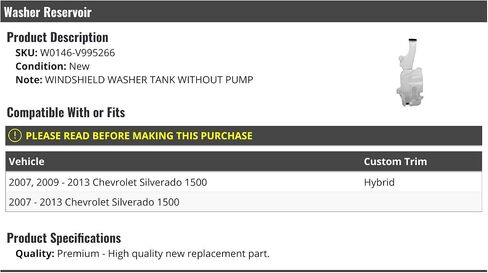 Windshield Washer Fluid Reservoir without Pump - Compatible with 2007-2013 Chevy Silverado 1500 in Saudi Arabia