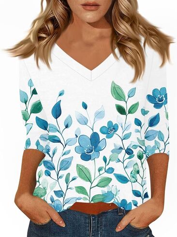 Womens 3/4 Sleeve Boho Tops V Neck Cotton Tshirts Loose Fit Summer Casual Blouses Tie Dye Half Sleeve Vacation Outfits in Saudi Arabia