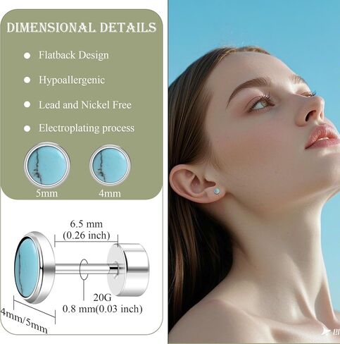 ZDE Titanium Flatback Earrings for Women Turquoise/Black Oxy/Turquoise Stud Earrings Flat Back Ladies Earstuds Hypoallergenic Cartilage Flatback Earring 4MM/5MM in Kuwait