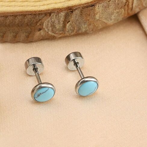 ZDE Titanium Flatback Earrings for Women Turquoise/Black Oxy/Turquoise Stud Earrings Flat Back Ladies Earstuds Hypoallergenic Cartilage Flatback Earring 4MM/5MM in Kuwait