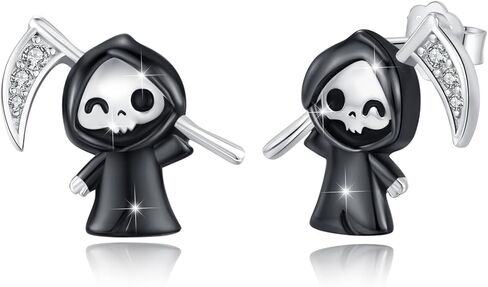 Grim Reaper Earrings 925 Sterling Silver Ghost Skull Stud Earrings Death Skeleton Cute Grim Reaper Jewelry Gifts for Women Halloween in Kuwait