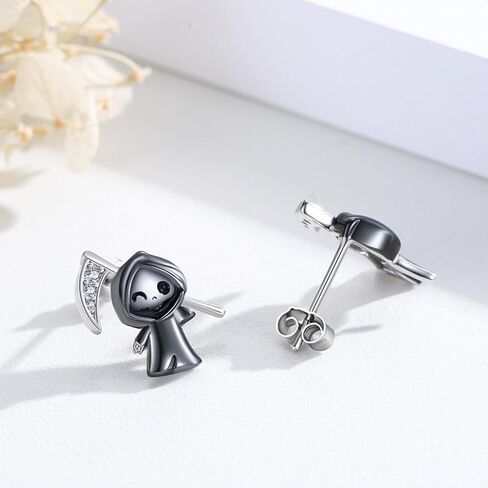 Grim Reaper Earrings 925 Sterling Silver Ghost Skull Stud Earrings Death Skeleton Cute Grim Reaper Jewelry Gifts for Women Halloween in Kuwait