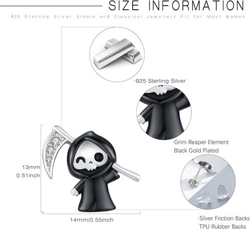 Grim Reaper Earrings 925 Sterling Silver Ghost Skull Stud Earrings Death Skeleton Cute Grim Reaper Jewelry Gifts for Women Halloween in Kuwait