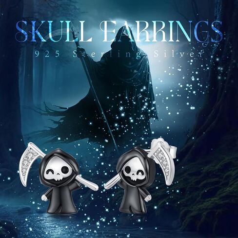 Grim Reaper Earrings 925 Sterling Silver Ghost Skull Stud Earrings Death Skeleton Cute Grim Reaper Jewelry Gifts for Women Halloween in Kuwait