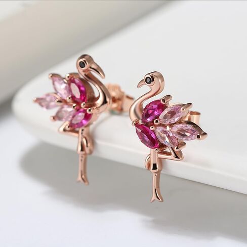 Pink Flamingo Bird Shape Stud Earrings for Women by Ginger Lyne Rose Over Sterling Silver Pink Cubic Zirconia Vacation Travel Jewelry in Kuwait
