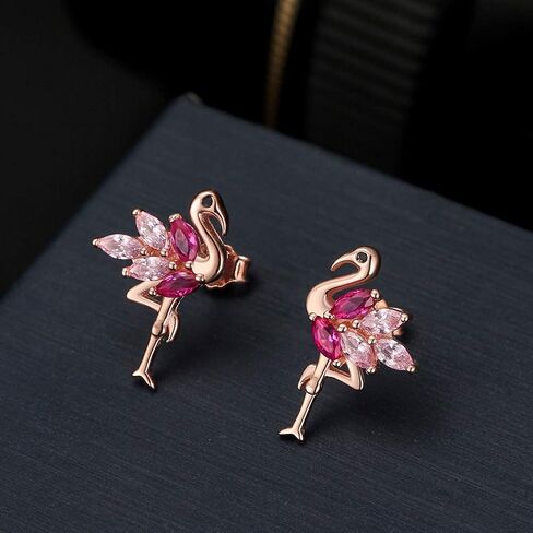 Pink Flamingo Bird Shape Stud Earrings for Women by Ginger Lyne Rose Over Sterling Silver Pink Cubic Zirconia Vacation Travel Jewelry in Kuwait