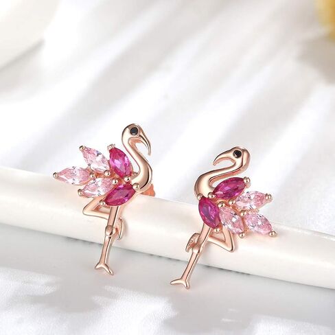 Pink Flamingo Bird Shape Stud Earrings for Women by Ginger Lyne Rose Over Sterling Silver Pink Cubic Zirconia Vacation Travel Jewelry in Kuwait