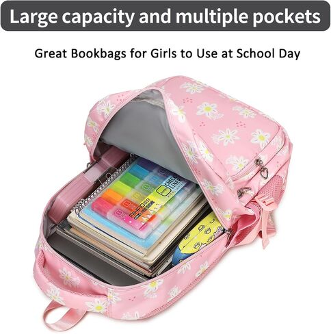 Joyfulife 3Pcs Daisy Prints Backpack for Girls with Lunch Box Lightweight School Backpack Kids Bookbags Girls Backpacks for Elementary Primary Students in Saudi Arabia