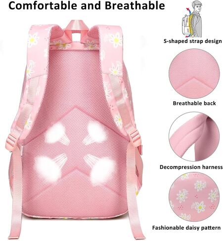 Joyfulife 3Pcs Daisy Prints Backpack for Girls with Lunch Box Lightweight School Backpack Kids Bookbags Girls Backpacks for Elementary Primary Students in Saudi Arabia