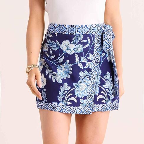 Womens Floral Wrap Short Skirt Summer Beach Mini Skirt Casual Knot Side High Waist A Line Vacation Outfits Skorts(Blue,M) in Kuwait