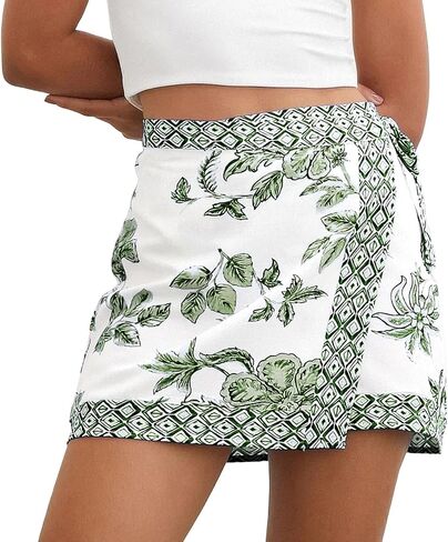 Womens Floral Wrap Short Skirt Summer Beach Mini Skirt Casual Knot Side High Waist A Line Vacation Outfits Skorts(Blue,M) in Kuwait