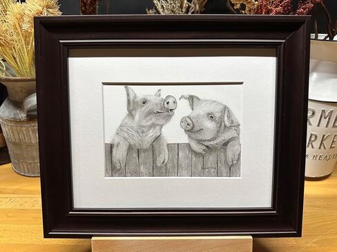 Pigs Farm Nature Wildlife Graphite Pencil Art Sketch رسم طباعة صورة محدودة الإصدار ~ بعنوان "Tell'n It Like It It’s ليس" بواسطة David Allen (8x10 Brown Frame & Print) in Saudi Arabia