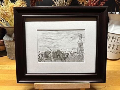 Oilfield Longhorn Cattle Cow Nature Wildlife Graphite Pencil Art Sketch Drawing Print Picture Limited Edition ~ Titled 'Hedging The Bet' by David Allen (8x10 Brown Frame & Print) in Saudi Arabia