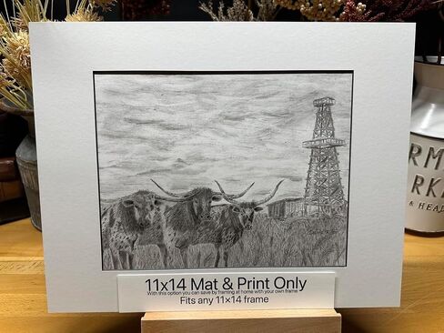 Oilfield Longhorn Cattle Cow Nature Wildlife Graphite Pencil Art Sketch Drawing Print Picture Limited Edition ~ Titled 'Hedging The Bet' by David Allen (8x10 Brown Frame & Print) in Saudi Arabia