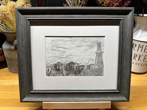 Oilfield Longhorn Cattle Cow Nature Wildlife Graphite Pencil Art Sketch Drawing Print Picture Limited Edition ~ Titled 'Hedging The Bet' by David Allen (8x10 Brown Frame & Print) in Saudi Arabia