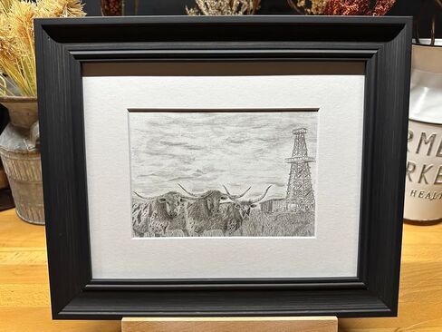 Oilfield Longhorn Cattle Cow Nature Wildlife Graphite Pencil Art Sketch Drawing Print Picture Limited Edition ~ Titled 'Hedging The Bet' by David Allen (8x10 Brown Frame & Print) in Saudi Arabia