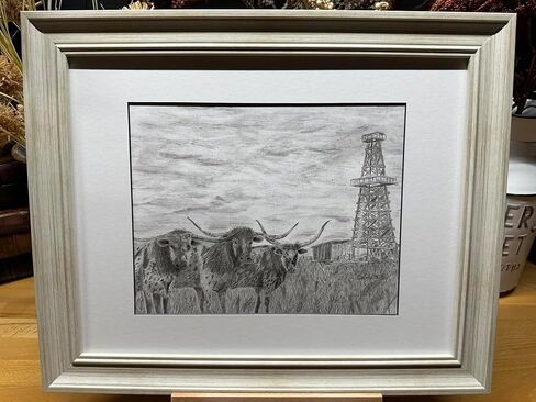 Oilfield Longhorn Cattle Cow Nature Wildlife Graphite Pencil Art Sketch Drawing Print Picture Limited Edition ~ Titled 'Hedging The Bet' by David Allen (8x10 Brown Frame & Print) in Saudi Arabia