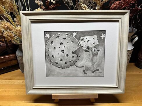 Mouse Cheese Moon Cartoon شخصية Graphite Pencil Art Sketch رسم طباعة صورة محدودة ~ بعنوان "Cheese Run" بقلم David Allen (8x10 إطار وطباعة) in Saudi Arabia