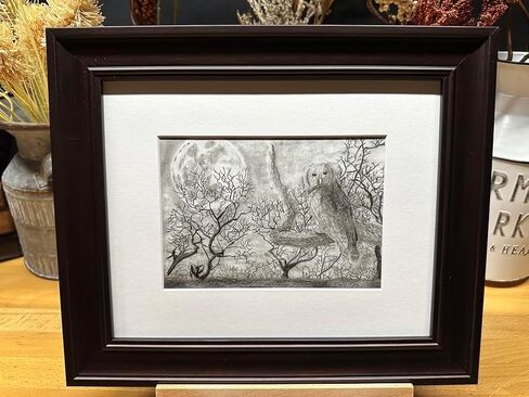 Owl Bird Dark Woods Nature Wildlife Graphite Art Art Sketch رسم طباعة صورة محدودة بعنوان "Forest in Night" بقلم David Allen (11x14 Frame & Print) in Saudi Arabia