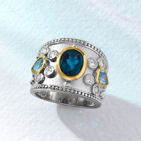 Ross-Simons 3.70 CT. T.W. لندن الأزرق والأزرق الأزرق والأبيض خاتم توباز في الفضة الاسترليني مع الذهب الأصفر 14 كيلو بايت in Saudi Arabia