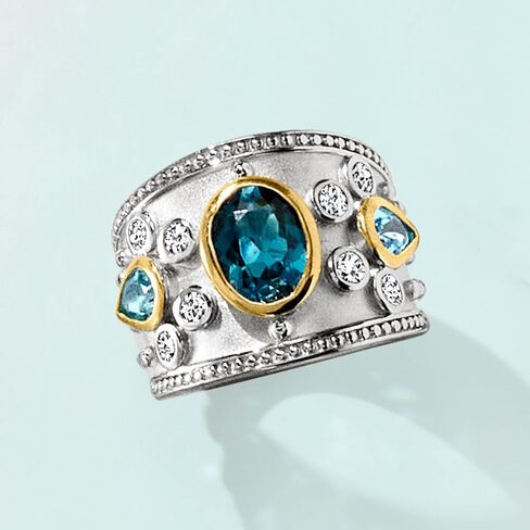 Ross-Simons 3.70 CT. T.W. لندن الأزرق والأزرق الأزرق والأبيض خاتم توباز في الفضة الاسترليني مع الذهب الأصفر 14 كيلو بايت in Saudi Arabia