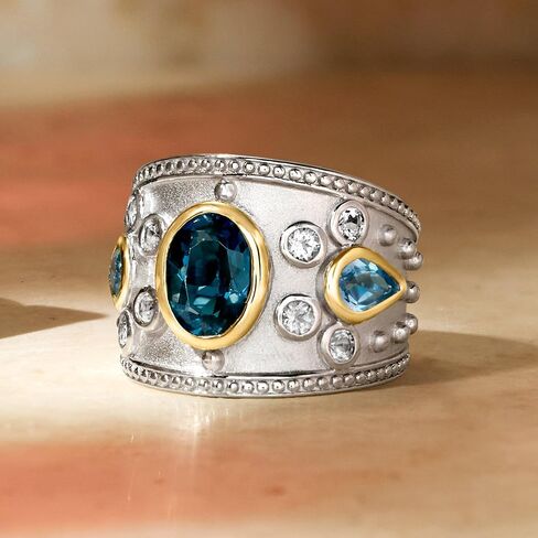 Ross-Simons 3.70 CT. T.W. لندن الأزرق والأزرق الأزرق والأبيض خاتم توباز في الفضة الاسترليني مع الذهب الأصفر 14 كيلو بايت in Saudi Arabia
