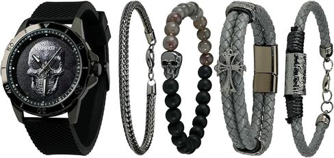 ساعة جمجمة للرجال مع طقم سوار قابل للتكديس، وسوار من السيليكون in Kuwait