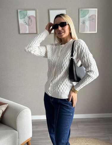 GRACE KARIN Womens Cable Knit Cardigan Button Up Sweater Soft Open Front Cardigans Crewneck Long Sleeve Outwear in Saudi Arabia