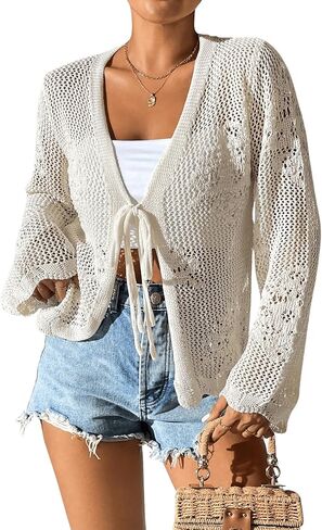 Milumia Tie Tie Tie Jollow Hollow Out Crochet Light Weight Long Sleeve Cardigans in Saudi Arabia