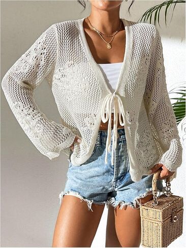 Milumia Tie Tie Tie Jollow Hollow Out Crochet Light Weight Long Sleeve Cardigans in Saudi Arabia