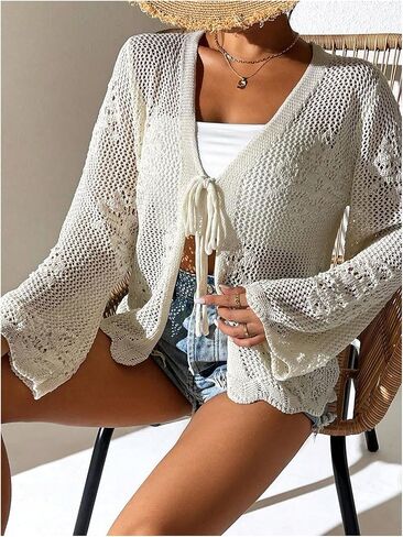 Milumia Tie Tie Tie Jollow Hollow Out Crochet Light Weight Long Sleeve Cardigans in Saudi Arabia