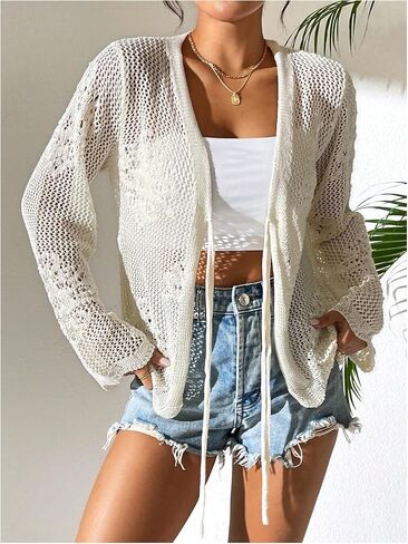 Milumia Tie Tie Tie Jollow Hollow Out Crochet Light Weight Long Sleeve Cardigans in Saudi Arabia