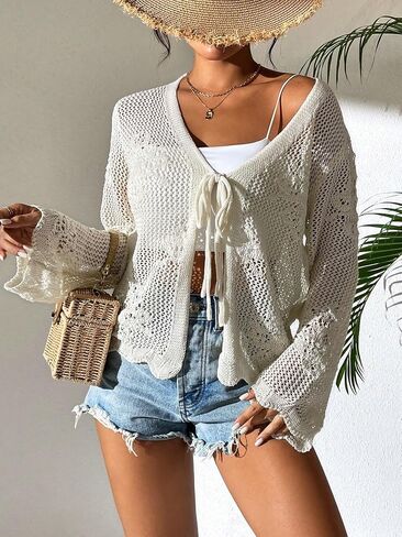 Milumia Tie Tie Tie Jollow Hollow Out Crochet Light Weight Long Sleeve Cardigans in Saudi Arabia
