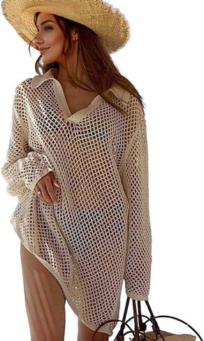 Crochet Swimsuit Coverup for Women Long Sleeve Knitted Bathing Suit Cover up Net Beach Top Hawaiian Vacation Outfits in Kuwait