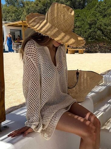 Crochet Swimsuit Coverup for Women Long Sleeve Knitted Bathing Suit Cover up Net Beach Top Hawaiian Vacation Outfits in Kuwait