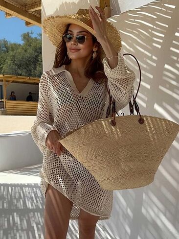 Crochet Swimsuit Coverup for Women Long Sleeve Knitted Bathing Suit Cover up Net Beach Top Hawaiian Vacation Outfits in Kuwait