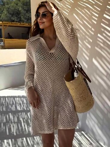 Crochet Swimsuit Coverup for Women Long Sleeve Knitted Bathing Suit Cover up Net Beach Top Hawaiian Vacation Outfits in Kuwait