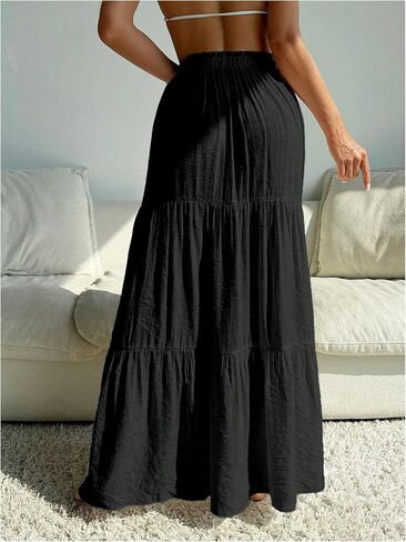 OYOANGLE Women's Beach Cover Up Skirt Drawstring Tiered Maxi Skirt Swimsuit Coverups in Kuwait