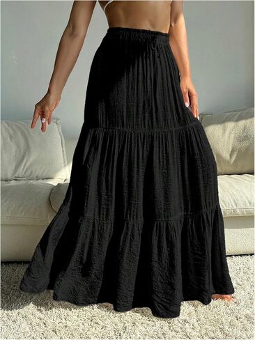OYOANGLE Women's Beach Cover Up Skirt Drawstring Tiered Maxi Skirt Swimsuit Coverups in Kuwait