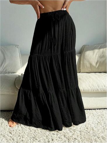 OYOANGLE Women's Beach Cover Up Skirt Drawstring Tiered Maxi Skirt Swimsuit Coverups in Kuwait